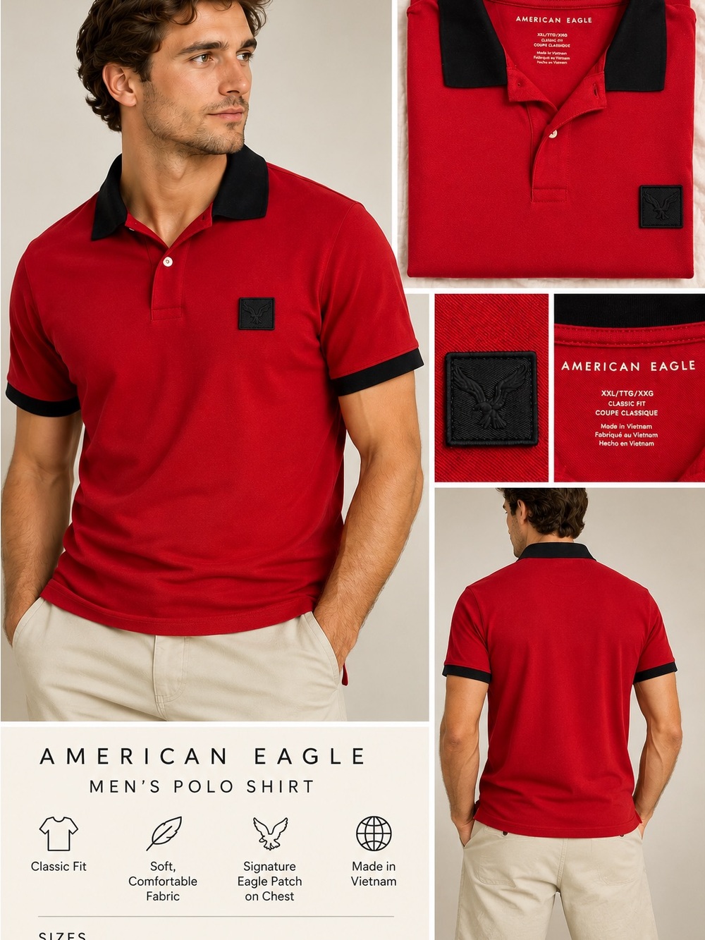 American Eagle Men’s Red & Black Classic Fit Polo Shirt XXL